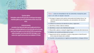 Existen datos
limitados sobre la eficacia de un enfoque de equipo
multidisciplinar para el tratamiento de la rotura del
AAA.
Anteriormente
estudios han demostrado que la aplicación de un
enfoque multidisciplinario y un protocolo estructurado
que hace hincapié en el uso de la EVAR en pacientes
seleccionados con rotura de AAA dio lugar a una
reducción significativa de la mortalidad a 30 días
 