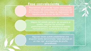 15
Fase convaleciente
Reabsorción gradual del líquido extravasado,
que retorna del compartimiento extravascular
al intravascular. Esta etapa de reabsorción de
líquidos puede durar de 48 a 72 horas
Mejora del estado general, se recupera el
apetito, mejoran los síntomas
gastrointestinales, se estabiliza el estado
hemodinámico y aumenta la diuresis.
Algunas veces puede presentarse una
erupción tardía denominada “islas blancas en
un mar rojo” acompañada de prurito
generalizado
 