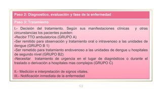 23
Paso 2: Diagnostico, evaluación y fase de la enfermedad
Paso 3: Tratamiento
I.- Decisión del tratamiento. Según sus manifestaciones clínicas y otras
circunstancias los pacientes pueden:
-Recibir TTO ambulatorios (GRUPO A)
-Ser remitido para observación y tratamiento oral o intravenoso a las unidades de
dengue (GRUPO B 1)
-Ser remetido para tratamiento endovenoso a las unidades de dengue u hospitales
de segundo nivel (GRUPO B2)
-Necesitar tratamiento de urgencia en el lugar de diagnósticos o durante el
traslado o derivación a hospitales mas complejos (GRUPO C)
II.- Medición e interpretación de signos vitales.
III.- Notificación inmediata de la enfermedad
 