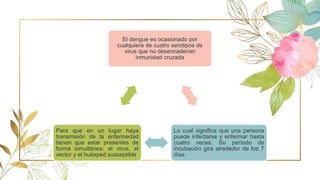 El dengue es ocasionado por
cualquiera de cuatro serotipos de
virus que no desencadenan
inmunidad cruzada
Lo cual significa que una persona
puede infectarse y enfermar hasta
cuatro veces. Su período de
incubación gira alrededor de los 7
días
Para que en un lugar haya
transmisión de la enfermedad
tienen que estar presentes de
forma simultánea: el virus, el
vector y el huésped susceptible.
 