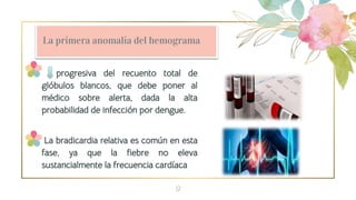 9
La primera anomalía del hemograma
progresiva del recuento total de
glóbulos blancos, que debe poner al
médico sobre alerta, dada la alta
probabilidad de infección por dengue.
La bradicardia relativa es común en esta
fase, ya que la fiebre no eleva
sustancialmente la frecuencia cardíaca
 