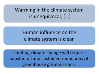 Warming in the climate system
is unequivocal, […]
Human influence on the
climate system is clear.
Limiting climate change will require
substantial and sustained reductions of
greenhouse gas emissions.
 