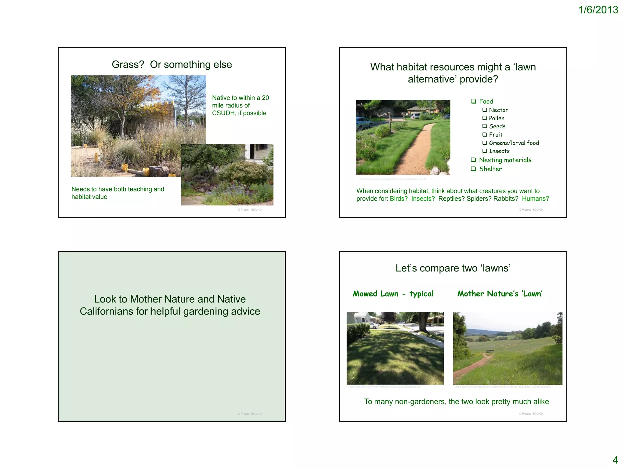 1/6/2013




                                 Grass? Or something else                                                   What habitat resources might a ‘lawn
                                                                                                                   alternative’ provide?
                                                              Native to within a 20
                                                                                                                                                                             Food
                                                              mile radius of
                                                                                                                                                                                           Nectar
                                                              CSUDH, if possible
                                                                                                                                                                                           Pollen
                                                                                                                                                                                           Seeds
                                                                                                                                                                                           Fruit
                                                                                                                                                                                           Greens/larval food
                                                                                                                                                                                           Insects
                                                                                                                                                                             Nesting materials
http://www.penick.net/digging/index.php?s=wildflower+center
                                                                                                                                                                             Shelter
                                                                                                 http://www.penick.net/digging/index.php?s=wildflower+center



Needs to have both teaching and                                                                When considering habitat, think about what creatures you want to
habitat value                                                                                  provide for: Birds? Insects? Reptiles? Spiders? Rabbits? Humans?
                                                                       © Project SOUND                                                                                                                                © Project SOUND




                                                                                                                                  Let’s compare two ‘lawns’

                                                                                            Mowed Lawn - typical                                                Mother Nature’s ‘Lawn’
        Look to Mother Nature and Native
     Californians for helpful gardening advice




                                                                                         http://austindhill.com/how-a-drought-encourages-devotional-life/      http://camissonia.blogspot.com/2010/04/treks-on-santa-rosa-plateau-vernal-pool.html




                                                                                                      To many non-gardeners, the two look pretty much alike
                                                                       © Project SOUND                                                                                                                                © Project SOUND




                                                                                                                                                                                                                                                           4
 