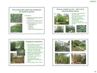 1/6/2013




   Then choose filler plants that complement                            How we ‘created our mix’ – with a lot of
           the backbone species                                              help from Mother Nature
                                                                                               Grew plugs of Agrostis pallens &
                                                                                                Yarrow from seed
                        Should be:                                                            Planted central area in backbone
                                                                                                grass; edges with yarrow
                          Compatible with garden conditions                                   Planted filler strawberries,
                           & requirements                                                       honeysuckle and annual edibles
                                                                                                around the edges
                          Compatible with backbone species
Southern Honeysuckle
                                                                                               Let them all grow together
                          Add something extra to the mix:                                     Were patient – Mother Nature takes
                                Foliage shape/color                                            her time!
                                Flower color
                                Fragrance
                                Habitat value
                                Human value: edible/medicinal/dye

Dune Strawberry
                                                    © Project SOUND                                                © Project SOUND




                          Management considerations
                           Never mowed or cut, but could cut
                            all or just the central part
                           Yarrow flowers cut after seeds
                            utilized (collected; eaten by birds)
                           Never spray with pesticides/
                            herbicides – just hand weed               January                   April

                           Gophers & an occasional ‘phantom
                            dump’ of sand/gravel provide
                            disturbances – not all bad
                           Water Zone 2 – once a month
                            from June to Sept
                           Looks pretty year-round –
                            appropriate for natural-looking
                            garden
                           Attracts plenty of birds, insects
                                                                      July/August               October
                                                    © Project SOUND                                                © Project SOUND




                                                                                                                                          14
 
