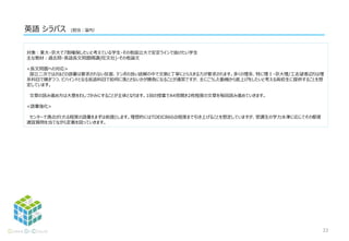 英語 シラバス (担当：窪内）
対象：東大・京大で7割確保したいと考えている学生・その他国立大で安定ラインで抜けたい学生
主な教材：過去問・英語長文問題精講(旺文社)・その他論文
<長文問題への対応>
国立二次ではさほどの語彙は要求されない反面、テンポの良い読解の中で文脈と丁寧にとらえきる力が要求されます。多くの理系、特に理Ⅰ・京大理/工志望者辺りは理
系科目で稼ぎつつ、ビハインドとなる言語科目で如何に落とさないかが勝負になることが通常ですが、主にこうした動機から底上げをしたいと考える高校生に提供することを想
定しています。
文章の読み進め方は大意をわしづかみにすることが主体となります。1回の授業でA4見開き2枚程度の文章を毎回読み進めていきます。
<語彙強化>
センターで満点がとれる程度の語彙をまずは前提とします。理想的にはTOEIC860点程度まで引き上げることを想定していますが、受講生の学力水準に応じてその都度
適宜質問を当てながら定着を図っていきます。
22
 