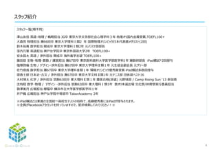 スタッフ一覧(順不同)
窪内万葉 英語担当 神戸女学院卒 東京外国語大学4年 アラビア語専攻 TOEICフルスコア 哲学オリ国内銀賞受賞
徐子健 数学/物理/プログラミング担当 大阪星光卒 東京大学3年理学部情報学科 日本物理オリンピック二次予選最優秀賞受賞
藤原聖史 プレゼン担当 大阪星光卒 京都大学工学部土木工学科3年
匿名 開成卒 プリンストン進学予定 日本物理オリンピック国内銀賞受賞
※1 スタッフの情報は03/26時点での情報です。随時更新しています。近況につきましてはどうぞお問い合わせください。
※2 全員がfacebookアカウントを持っていますので、是非検索してみてください！
スタッフ紹介
4
 