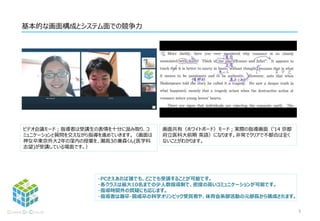 ビデオ会議モード；指導者は受講生の表情を十分に汲み取り、コ
ミュニケーションと質問を交えながら指導を進めていきます。（画面は
神女卒東京外大2年の窪内の授業を、灘高3の兼森くん(医学科
志望)が受講している場面です。）
画面共有（ホワイトボード）モード；実際の指導画面（’14 京都
府立医科大前期 英語）になります。非常でクリアで不都合は全く
ないことがわかります。
・PCさえあれば誰でも、どこでも受講することが可能です。
・各クラスは最大10名までの少人数指導制で、密度の高いコミュニケーションが可能です。
・指導時間外の質疑にも応じます。
・指導者は灘卒・開成卒の科学オリンピック受賞者や、体育会系部活動の元部長から構成されます。
基本的な画面構成とシステム面での競争力
5
 