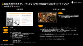 超電導型主流の中、イオントラップ型で挑む大学研究者発スタートアップ
IonQ社概要
Source: CB Insights, Crunchbase
3
• 累計調達額：$22M
• ステージ：Series B
• 投資家：Google Ventures、New Enterprise Associates
本拠地
• CEO：David Moehring氏
⁃ IARPAの元Sr National Intelligence Service Officer
として、多数の量子コンピュータプログラムをリード
⁃ オバマ大統領から大統領表彰
• チーフサイエンティスト：Christopher Monroe氏
⁃ メリーランド大学物理学教授
⁃ QuICS、Joint Quantum Institute フェロー
企業概要
チーム
ファイナンス
USA・メリーランド
創業 2016年
提供サービス/実績
主なトピック
• メリーランド大学イオントラップ研究所所長のMonroe氏とデューク大学のJungsang Kim氏の
二人の量子コンピュータ研究者が商用化に向けて、起業した
⁃ Monroe氏は量子合同研究所フェローで、原子/イオンの電磁トラップ、レーザー冷却、
量子状態制御が専門（UCB Ba、Harvard Univ. PhD)
• イオントラップ型は超電導型に比して、量子ビットを増やし易い（スケーラビリティ）に強みがある
• ラボレベルでは、既に50個以上の量子ビットを実現している
• 2018年にイオントラップ型量子コンピュータを商用化の予定でいる
提供ｻｰﾋﾞｽ
• イオントラップ型の汎用量子コンピュータを開発中
⁃ Googleが開発中の超電導型の汎用量子コ
ンピュータと異なる方式
 