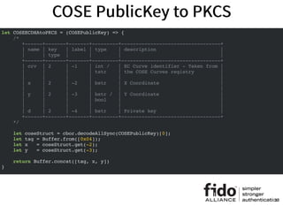 COSE PublicKey to PKCSCOSE PublicKey to PKCS
let COSEECDHAtoPKCS = (COSEPublicKey) => {
/*
+------+-------+-------+---------+----------------------------------+
| name | key | label | type | description |
| | type | | | |
+------+-------+-------+---------+----------------------------------+
| crv | 2 | -1 | int / | EC Curve identifier - Taken from |
| | | | tstr | the COSE Curves registry |
| | | | | |
| x | 2 | -2 | bstr | X Coordinate |
| | | | | |
| y | 2 | -3 | bstr / | Y Coordinate |
| | | | bool | |
| | | | | |
| d | 2 | -4 | bstr | Private key |
+------+-------+-------+---------+----------------------------------+
*/
let coseStruct = cbor.decodeAllSync(COSEPublicKey)[0];
let tag = Buffer.from([0x04]);
let x = coseStruct.get(-2);
let y = coseStruct.get(-3);
return Buffer.concat([tag, x, y])
}
32
 