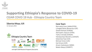 Supporting Ethiopia’s Response to COVID-19
CGIAR COVID 19 Hub - Ethiopia Country Team
Siboniso Moyo, ILRI
12 January 2021
Core Team
Namukolo Covic (A4NH/IFPRI)
Lulseged Desta (Bioversity-CIAT)
Zewdie Bishaw (ICARDA)
Alemayehu Seyoum (IFPRI)
Tilahun Amede (ICRISAT)
Yidnekachew Wondimu (ICRISAT)
Getachew Feye (ILRI)
Michael Victor (ILRI)
Gail Amare (ILRI)
Amare Haileslassie (IWMI)
Bekele Abeyo (CIMMYT)
Ethiopia Country Team
and eight CGIAR Research Programs focal points
 