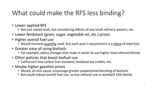 What could make the RFS less binding?
• Lower applied RFS
• Not just stated level, but considering effects of any small re...