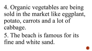 4. Organic vegetables are being
sold in the market like eggplant,
potato, carrots and a lot of
cabbage.
5. The beach is famous for its
fine and white sand.
 