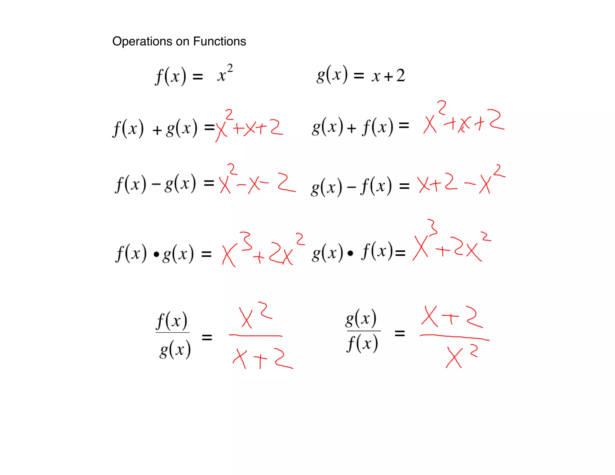 Operations on Functions

             =            =

                 =            =


                 =            =


               =              =



               =              =
 