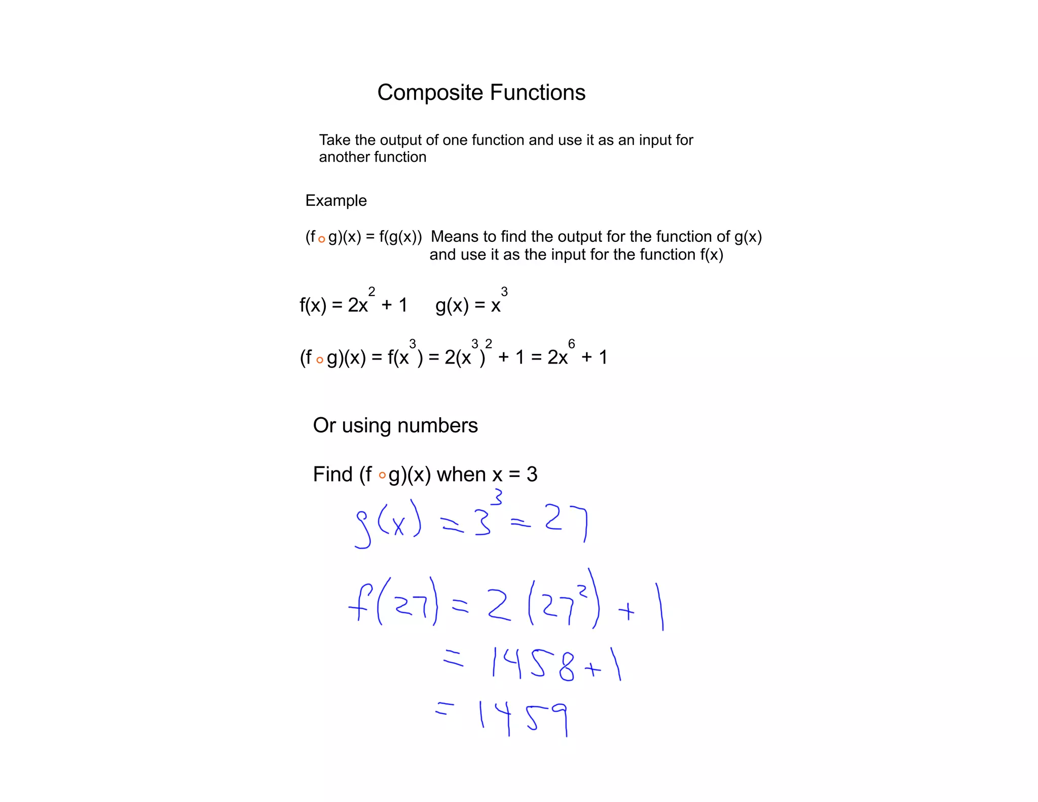 Composite Functions

  Take the output of one function and use it as an input for
  another function

Example

(f g)(x) = f(g(x)) Means to find the output for the function of g(x)
  °                and use it as the input for the function f(x)

          2                    3
f(x) = 2x + 1       g(x) = x
                3        3 2            6
(f ° g)(x) = f(x ) = 2(x ) + 1 = 2x + 1


 Or using numbers

 Find (f ° g)(x) when x = 3
 