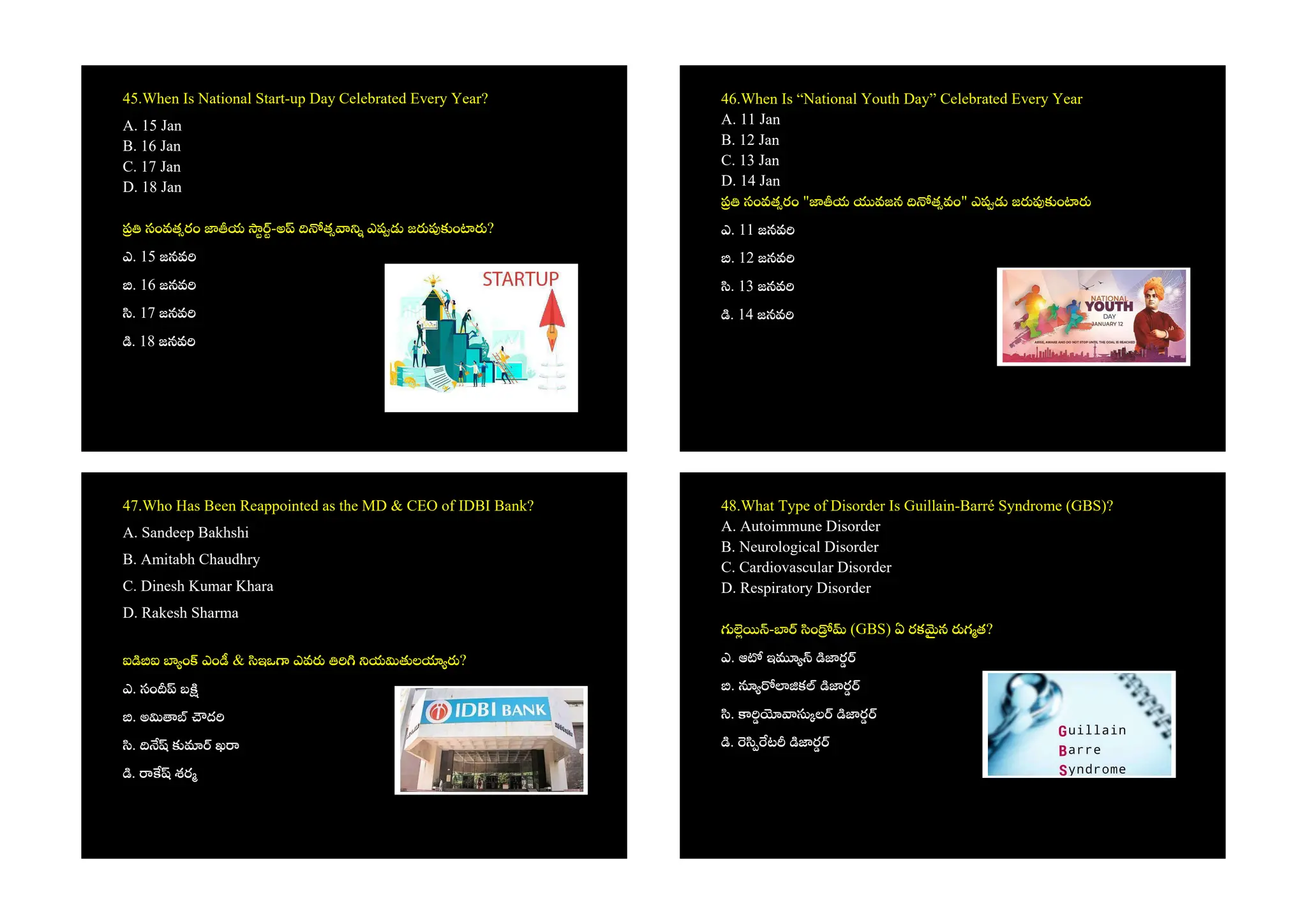 45.When Is National Start-up Day Celebrated Every Year?
A. 15 Jan
B. 16 Jan
C. 17 Jan
D. 18 Jan
సంవత రం య -అ త ఎ జ ం ?
ఎ. 15 జనవ
. 16 జనవ
. 17 జనవ
. 18 జనవ
46.When Is “National Youth Day” Celebrated Every Year
A. 11 Jan
B. 12 Jan
C. 13 Jan
D. 14 Jan
సంవత రం " య వజన త వం" ఎ జ ం
ఎ. 11 జనవ
. 12 జనవ
. 13 జనవ
. 14 జనవ
47.Who Has Been Reappointed as the MD & CEO of IDBI Bank?
A. Sandeep Bakhshi
B. Amitabh Chaudhry
C. Dinesh Kumar Khara
D. Rakesh Sharma
ఐ ఐ ం ఎం & ఇఒ ఎవ య ల ?
ఎ. సం బ
. అ ద
. ఖ
. శర
48.What Type of Disorder Is Guillain-Barré Syndrome (GBS)?
A. Autoimmune Disorder
B. Neurological Disorder
C. Cardiovascular Disorder
D. Respiratory Disorder
- ం (GBS) ఏ రక న గ త?
ఎ. ఆ ఇ ర
. క ర
. ల ర
. ట ర
 