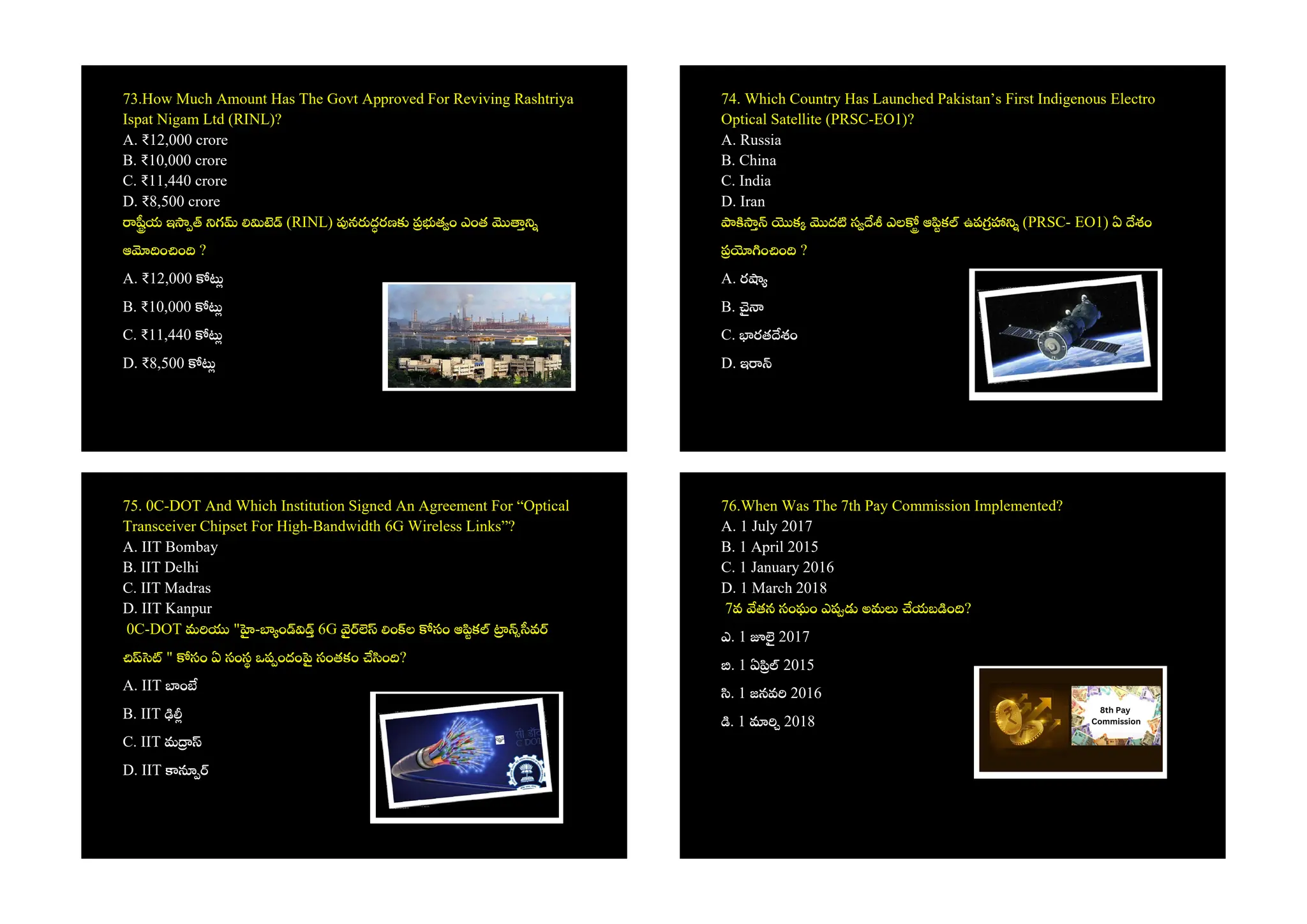 73.How Much Amount Has The Govt Approved For Reviving Rashtriya
Ispat Nigam Ltd (RINL)?
A. ₹12,000 crore
B. ₹10,000 crore
C. ₹11,440 crore
D. ₹8,500 crore
య ఇ గ (RINL) న దరణ త ం ఎంత
ఆ ం ం ?
A. ₹12,000
B. ₹10,000
C. ₹11,440
D. ₹8,500
74. Which Country Has Launched Pakistan’s First Indigenous Electro
Optical Satellite (PRSC-EO1)?
A. Russia
B. China
C. India
D. Iran
క ద స ఎల ఆ క ఉప (PRSC- EO1) ఏ శం
ం ం ?
A. ర
B.
C. రత శం
D. ఇ
75. 0C-DOT And Which Institution Signed An Agreement For “Optical
Transceiver Chipset For High-Bandwidth 6G Wireless Links”?
A. IIT Bombay
B. IIT Delhi
C. IIT Madras
D. IIT Kanpur
0C-DOT మ " - ం 6G ం ల సం ఆ క వ
" సం ఏ సంస ఒప ందం సంతకం ం ?
A. IIT ం
B. IIT
C. IIT మ
D. IIT
76.When Was The 7th Pay Commission Implemented?
A. 1 July 2017
B. 1 April 2015
C. 1 January 2016
D. 1 March 2018
7వ తన సంఘం ఎ అమ యబ ం ?
ఎ. 1 2017
. 1 ఏ 2015
. 1 జనవ 2016
. 1 2018
 
