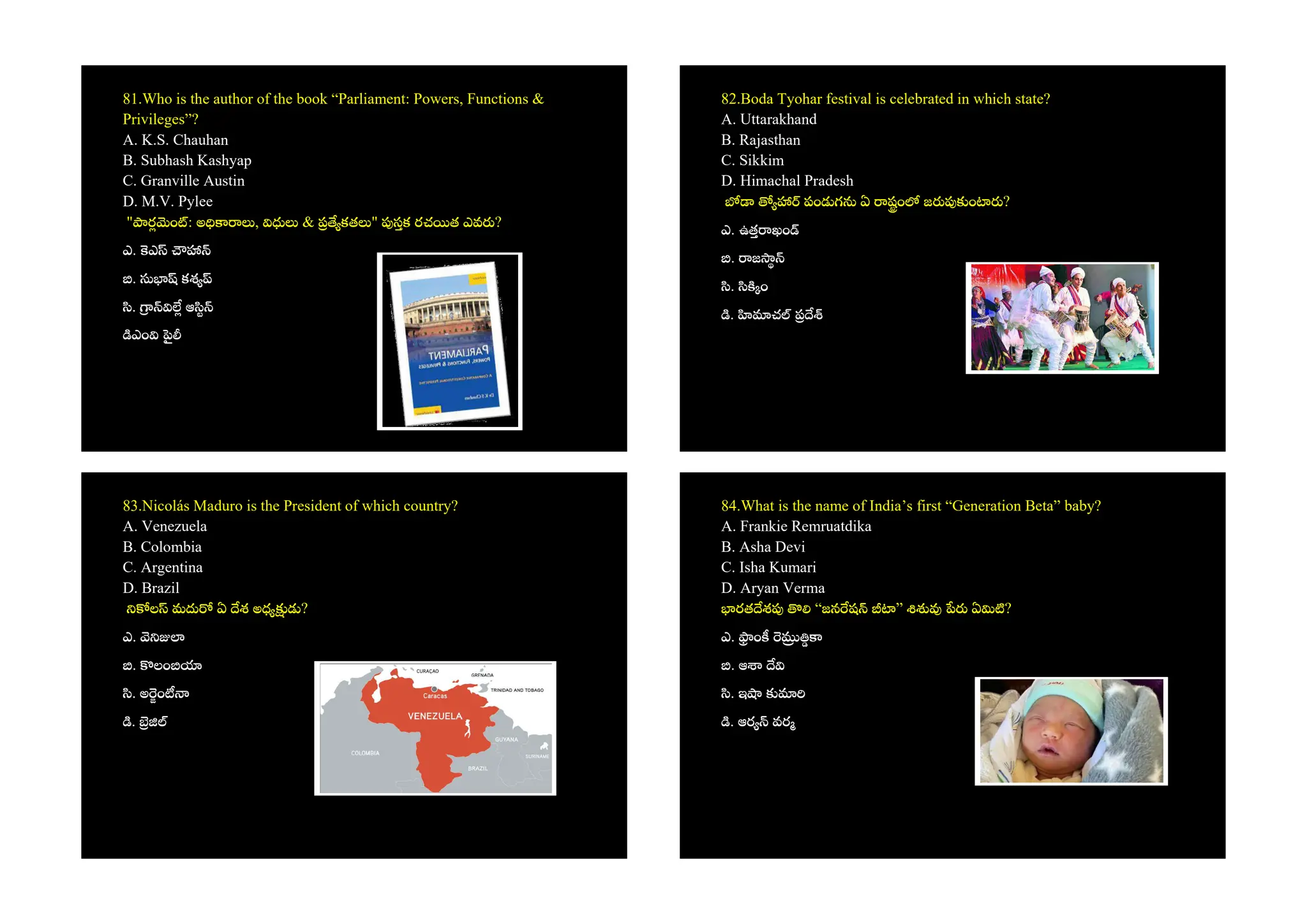 81.Who is the author of the book “Parliament: Powers, Functions &
Privileges”?
A. K.S. Chauhan
B. Subhash Kashyap
C. Granville Austin
D. M.V. Pylee
" ర ం : అ , & కత " సక రచ త ఎవ ?
ఎ. ఎ
. కశ
. ఆ
ఎం
82.Boda Tyohar festival is celebrated in which state?
A. Uttarakhand
B. Rajasthan
C. Sikkim
D. Himachal Pradesh
పం గ ఏ షం జ ం ?
ఎ. ఉత ఖం
. జ
. ం
. చ
83.Nicolás Maduro is the President of which country?
A. Venezuela
B. Colombia
C. Argentina
D. Brazil
ల మ ఏ శ అధ ?
ఎ.
. లం
. అ ం
.
84.What is the name of India’s first “Generation Beta” baby?
A. Frankie Remruatdika
B. Asha Devi
C. Isha Kumari
D. Aryan Verma
రత శ “జన ష ” ఏ ?
ఎ. ం
. ఆ
. ఇ
. ఆర వర
 