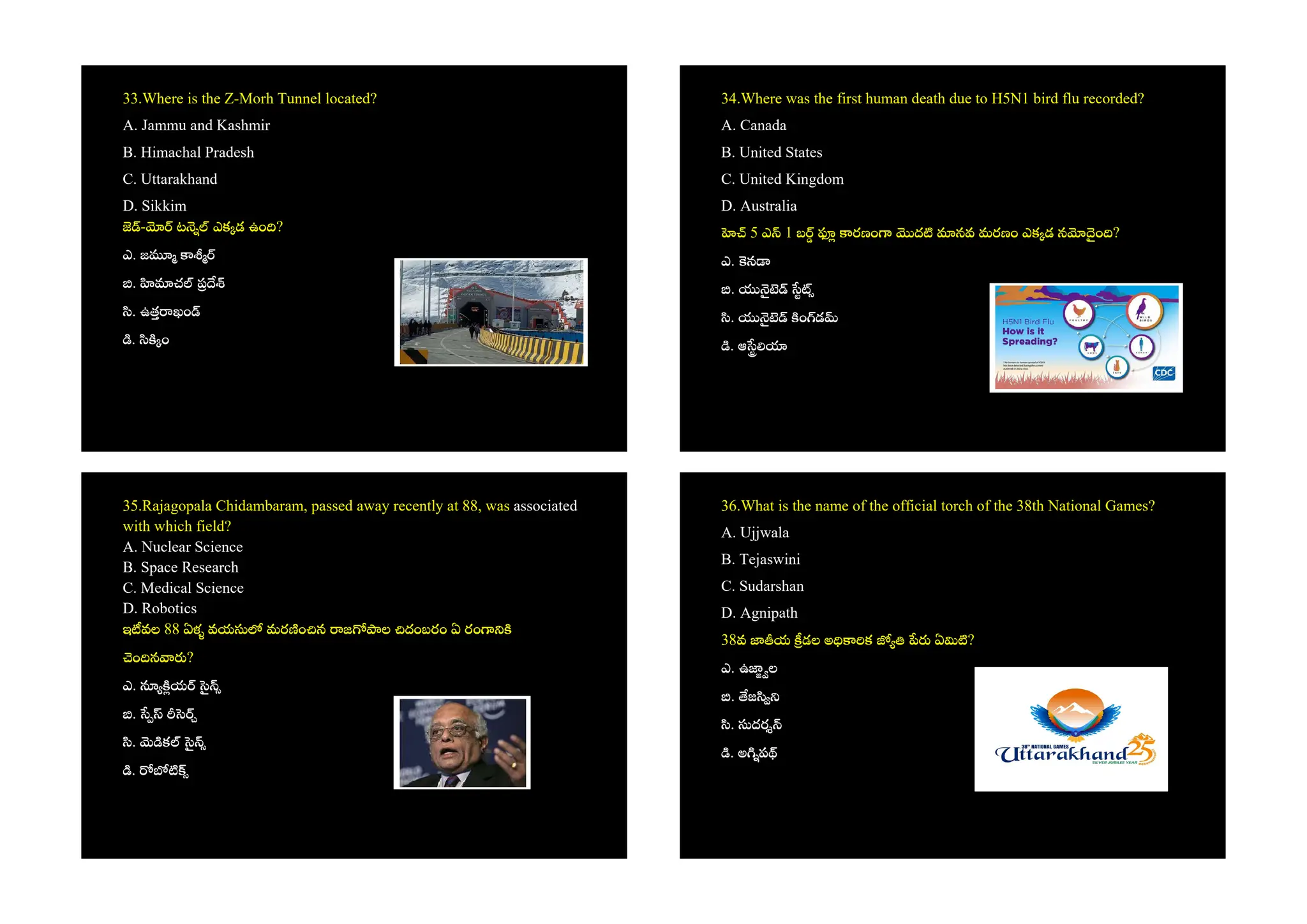 33.Where is the Z-Morh Tunnel located?
A. Jammu and Kashmir
B. Himachal Pradesh
C. Uttarakhand
D. Sikkim
- ట ఎక డ ఉం ?
ఎ. జ
. చ
. ఉత ఖం
. ం
34.Where was the first human death due to H5N1 bird flu recorded?
A. Canada
B. United States
C. United Kingdom
D. Australia
5 ఎ 1 బ రణం ద నవ మరణం ఎక డ న ం ?
ఎ. న
.
. ం డ
. ఆ
35.Rajagopala Chidambaram, passed away recently at 88, was associated
with which field?
A. Nuclear Science
B. Space Research
C. Medical Science
D. Robotics
ఇ వల 88 ఏళ వయ మర ం న జ ల దంబరం ఏ రం
ం న ?
ఎ. య
.
. క
.
36.What is the name of the official torch of the 38th National Games?
A. Ujjwala
B. Tejaswini
C. Sudarshan
D. Agnipath
38వ య డల అ క ఏ ?
ఎ. ఉ ల
. జ
. దర
. అ ప
 