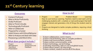  Content Proficient
 Able toWrite Proficiently
 Orally Proficient
 Able toThinkCritically
 Technologically Proficient
 Able to Collaborate
 Prepared for a Career
 Solid Citizens with Ethical Behavior
 Able to Analyze and deal with Data
 Possessing a solidWork Ethic
Outcomes
• Project- and Problem-Based Learning
Keys to 21st Century Learning. Teachers need to start each unit by
challenging students with a realistic or real-world project that both
engages interest and generates a list of things the student need to
know
• Projects are designed to tackle complex problems, requiring critical
thinking
How to do?
 To learn collaboration, work in teams.
 To learn critical thinking, take on complex problems.
 To learn oral communication, present.
 To learn written communication, write.
 To learn technology, use technology.
 To develop citizenship, take on civic and global issues.
 To learn about careers, do internships.
 To learn content, research and do all of the above.
What to do?
• Project
Management
• Teamwork
• Presentation
• Exhibition
• Assessment and
Feedback
What does project include ?
 