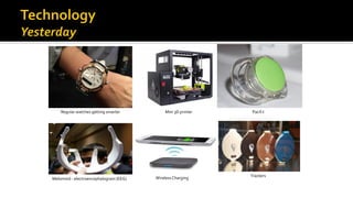Regular watches getting smarter Mini 3D printer Pacif-I
Melomind - electroencephalogram (EEG)
Trackers
Wireless Charging
 