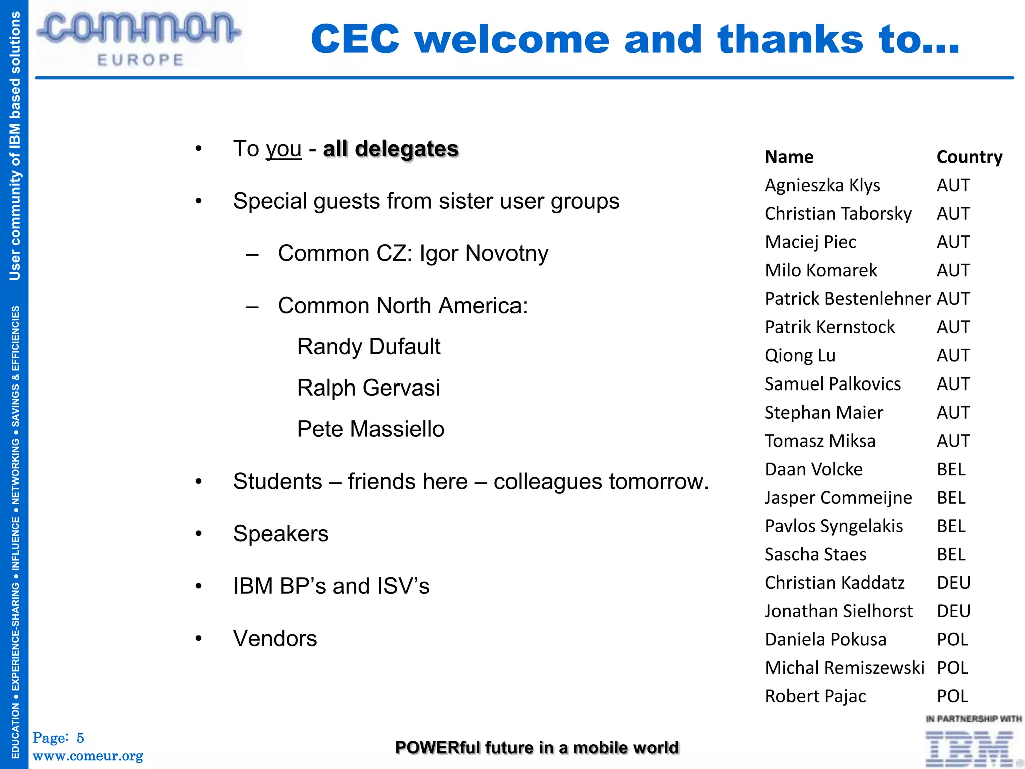 CEC welcome and thanks to...
User community of IBM based solutions




                                                                                                      •   To you - all delegates                             Name                 Country
                                                                                                                                                             Agnieszka Klys       AUT
                                                                                                      •   Special guests from sister user groups             Christian Taborsky AUT
                                                                                                                                                             Maciej Piec          AUT
                                                                                                           – Common CZ: Igor Novotny
                                                                                                                                                             Milo Komarek         AUT
                                                                                                           – Common North America:                           Patrick Bestenlehner AUT
  EDUCATION ● EXPERIENCE-SHARING ● INFLUENCE ● NETWORKING ● SAVINGS & EFFICIENCIES




                                                                                                                                                             Patrik Kernstock     AUT
                                                                                                                Randy Dufault                                Qiong Lu             AUT
                                                                                                                Ralph Gervasi                                Samuel Palkovics     AUT
                                                                                                                                                             Stephan Maier        AUT
                                                                                                                Pete Massiello                               Tomasz Miksa         AUT
                                                                                                                                                             Daan Volcke          BEL
                                                                                                      •   Students – friends here – colleagues tomorrow.
                                                                                                                                                             Jasper Commeijne BEL
                                                                                                      •   Speakers                                           Pavlos Syngelakis    BEL
                                                                                                                                                             Sascha Staes         BEL
                                                                                                      •   IBM BP’s and ISV’s                                 Christian Kaddatz    DEU
                                                                                                                                                             Jonathan Sielhorst DEU
                                                                                                      •   Vendors                                            Daniela Pokusa       POL
                                                                                                                                                             Michal Remiszewski POL
                                                                                                                                                             Robert Pajac         POL

                                                                                     Page: 5
                                                                                     www.comeur.org                      POWERful future in a mobile world
 