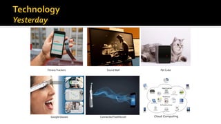 FitnessTrackers SoundWall Pet Cube
Google Glasses ConnectedToothbrush
 