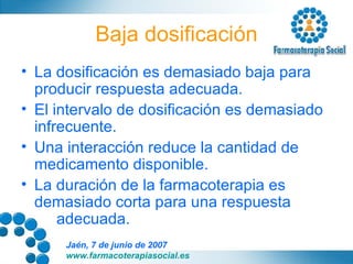 Baja dosificación La dosificación es demasiado baja para producir respuesta adecuada. El intervalo de dosificación es demasiado infrecuente. Una interacción reduce la cantidad de medicamento disponible. La duración de la farmacoterapia es demasiado corta para una respuesta  adecuada. 