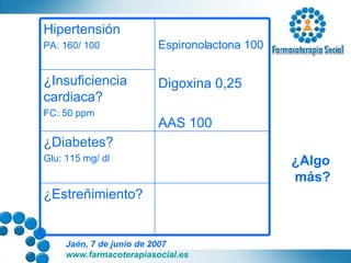 ¿Algo  más? ¿Diabetes? Glu: 115 mg/ dl ¿Estreñimiento? ¿Insuficiencia cardiaca? FC: 50 ppm Espironolactona 100 Digoxina 0,25 AAS 100 Hipertensión PA: 160/ 100 