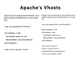 Apache's Vhosts
Quick way in a local environment: Just   Proper way in production environment: Lots
shive loads of definitions in the same   of files that you can individually turn on and
                                         off.
file.
                                         `nano /etc/apache2/sites-available/website'
`nano /etc/apache2/conf.d/vhosts'
                                         NameVirtualHost *:80
                                         <VirtualHost *:80>
<VirtualHost *:80>
                                           ServerName myserver.com
  ServerName myserver.com
                                           DocumentRoot /var/www/website
  DocumentRoot /var/www/website          </VirtualHost>
</VirtualHost>
                                         `sudo a2ensite website'
                                         Creates a symbolic link from;
`sudo service apache2 restart'
                                         /etc/apache2/sites-enabled/website
                                         `sudo service apache2 restart'
 