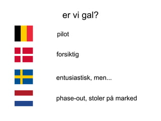 er vi gal?

pilot


forsiktig


entusiastisk, men...


phase-out, stoler på marked
 