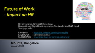 Dr. Shivananda (Shivoo) R Koteshwar
Design Group Digital Implementation Site Leader and R&D Head
Synopsys India
LINKEDIN : https://in.linkedin.com/in/shivoo2life
FACEBOOK : shivoo.koteshwar
SLIDESHARE : www.slideshare.net/shivoo.koteshwar
Mounts, Bangalore
January 2019
 
