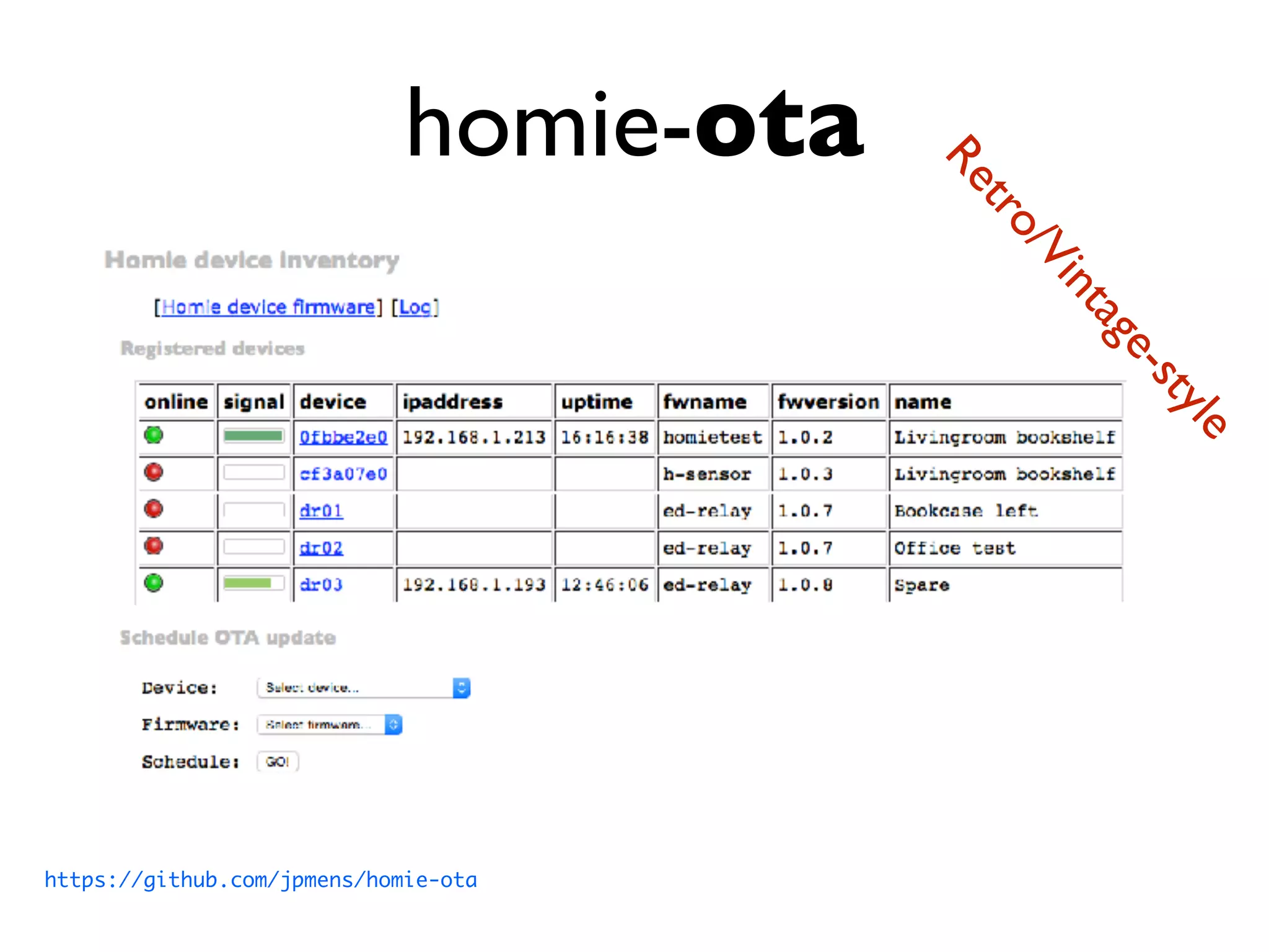 homie-ota
https://github.com/jpmens/homie-ota
Retro/Vintage-style
 