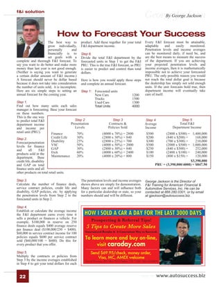f&i solution
                                                                                                 GeorgeGeorge Jackson
                                                                                                     By Jackson



                               How to Forecast Your Success
                       The best way to          product. Add these together for your total       Every F&I forecast must be attainable,
                       grow individually,       F&I department income.                           adaptable       and    easily    monitored.
                       personally      and                                                       Penetration levels and income averages
                       ﬁnancially is to         Step 6.                                          can be monitored daily, if need be, and
                       set goals with a         Divide the total F&I department by the           are the best means to measure the success
complete and thorough F&I forecast. To          forecasted units in Step 1 to get the F&I        of the department. If you are achieving
say you want to do better and make more         PRU. This is the true F&I forecast, as PRU       your projected penetration levels and
money than last year is not good enough.        is easier to predict and control than total      income averages, then it is mathematically
(Neither is saying you want to generate         dollars.                                         impossible not to achieve your forecasted
a certain dollar amount of F&I income.)                                                          PRU. The only possible reason you would
A forecast should never be dollar based         Here is how you would apply these steps          not reach the total dollar goal is because
because it does not take into consideration     and complete an annual forecast.                 the dealership has simply not sold enough
the number of units sold, it is incomplete.                                                      units. If the unit forecasts hold true, then
Here are six simple steps to setting an         Step 1: Forecasted units                         department income will eventually take
annual forecast for the coming year.                      New Cars                    1200       care of itself.
                                                          Trucks                      1500
Step 1.                                                   Used Cars                   1300
Find out how many units each sales                        Total Units                 4000
manager is forecasting. Base your forecast
on these numbers.
This is the one way
to predict total F&I                    Step 2                          Step 3                   Step 4                    Step 5
department income                     Presentation                  Contracts &                  Average                 Total F&I
and income per                           Levels                     Policies Sold                Income              Department Income
retail unit (PRU).      Finance            70%                  (4000 x 70%) = 2800               $500         (2800 x $500) = 1,400,000
Step 2.                   Credit Life          30%              (2800 x 30%) = 840                $200         (840 x $200) =     168,000
Forecast penetration      Dsability            25%              (2800 x 25%) = 700                $300         (700 x $300) =     210,000
levels for ﬁnance         VSC                  50%              (4000 x 50%) = 2000               $500         (2000 x $500) = 1,000,000
and       all     F&I     GAP                  30%              (2800 x 30%) = 840                $250         (840 x $300) =     252,000
products sold in the      Etch                 60%              (4000 x 60%) = 2400               $100         (2400 x $100) =    240,000
department. Base          Maintenance          20%              (4000 x 20%) = 800                $150         (800 x $150) =     120,000
credit life, disability                                                                                                        $3,390,000
and GAP on total                                                                                         PRU = (3,390,000/4000) = $847.50
ﬁnance units and all
other products on total retail units.

Step 3.                                         The penetration levels and income averages       George Jackson is the Director of
Calculate the number of ﬁnance deals,           shown above are simply for demonstration.        F&I Training for American Financial &
service contract policies, credit life and      Many factors can and will inﬂuence both          Automotive Services, Inc. He can be
disability, GAP policies, etc. by applying      for a particular dealership or state, so your    contacted at 866.280.0301, or by email
the penetration levels from Step 2 to the       numbers should and will be different.            at gjackson@autosuccess.biz.
forecasted units in Step 2.

Step 4.
Establish or calculate the average income
the F&I department earns every time it
sells a product or ﬁnances a vehicle. For
example, $100,000 in reserve on 250
ﬁnance deals equals $400 average reserve
per ﬁnance deal ($100,000/250 = $400).
$60,000 in service contract income for 100
policies equals $600 per service contract
sold ($60,000/100 = $600). Do this for
every product that you offer.

Step 5.
Multiply the contracts or policies from
Step 3 by the income averages established
in Step 4 to get your total dollars for each


  22                                                                                            stop by www.autosuccess.biz
 