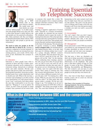 sts    fos     ls    ms      sf    ﬁs
                                                                                                                                       AlanRam
   sales and training solution


                                                                 Training Essential
                                                             to Telephone Success
                       Dealers considering           to someone who sounds like a robot. We            hammering on the same scenario each time
                       setting up a BDC              want sales people to have a natural-sounding      they’ll simply learn what you want them to
                       should look at the            dialogue with their customers. That’s where       say like parrots. The goal is for the person
                       most effective models.        the next element comes in.                        you’re working with to make it ALL the way
                       The model more and                                                              through a call. Every time that person makes
                       more dealers are using        T = Training                                      a mistake you start over until a successful
involves “phone people,” or, in other words,         Training is repetitive application of learned     conclusion.
non-sales people taking every sales call. This       skills. Typically in a seminar environment,
is often done because a dealer believes the          sales people are educated but not trained.        A = Accountability
sales people can’t do a good job on the phone.       We mistakenly tend to expect the results of       You can’t expect what you don’t inspect.
But, when customers call, they are looking           training from education. This is the equivalent   With all the services available to help you
for detailed information about vehicles. Who         of trying to become a good golfer by watching     monitor inbound sales calls, it has never
better than the sales people to provide this         a lot of golf on television. Sales people must    been easier to hold your people accountable.
information?                                         ﬁrst be educated, and then trained relentlessly
                                                     in the form of role-playing. The role-playing     M = Management
We need to train our people to do the                of speciﬁc scenarios is critical. Training        Every team needs a coach. With any training
jobs that they’re hired to do. Training is           needs to happen daily. Do baseball players        you embark on, your management is the key.
a process comprised of several elements. If          take batting practice daily, or do they send      It makes absolutely no sense to train your
any of these elements are missing from your          their guys to a hitting seminar once a year?      sales people and not train your managers.
training process, your results will be short         In a group, role-play different scenarios         Everyone must be on the same page.
lived, at best. Remember this acronym: E-            with your people. Pick one person who you
T-A-M.                                               know will do a good job on the call. This         The bad news is there are absolutely no
                                                     person will set the “tone” for the meeting.       short cuts to being successful or being good
E = Education                                        When conducting these meetings, practice          at anything. This includes your dealership’s
Education is where people learn what is              the calls you get most often. If you get three    effectiveness on the telephones. The good
expected of them and why it makes sense.             new car calls to every one used car call at       news is that there’s plenty of hope for your
In general, education can be conducted in a          your dealership, role-play that same ratio. If    people. It comes in the form of Education,
classroom setting, interactively or utilizing        the person you are role-playing with makes        Training, Accountability and Management.
books and audio materials. Provide your              a mistake, start over again with that same        The best exclusive you can have in your
people with proven scripts and word tracks.          person. Don’t jump to someone else; that          market is a well-trained sales staff. Train your
Insist that they learn these. Actors have scripts,   just rewards bad performance. On the next         people to do the jobs they were hired to do.
football teams have scripts (playbooks) and          call, give them a different scenario. Let’s say
so should your staff. When is the last time a        you role play with “I’m looking for a 2004        For a free trial of Alan Ram’s interactive
customer said something to you that you had          Camry. What do you guys have down there           training system call or e-mail me with the
never heard before? If a sales person refuses        with low miles?” At some point, that sales        information below.
to use “your” word tracks, have them submit          person makes a mistake. On the next call,
the ones they would prefer to use for your           change it up. “I’m looking at an ad you’re        Alan Ram is the president of Proactive
approval. “Winging it” is not an option. Of          running on a Camry for $249. How is that car      Training Solutions. He can be contacted at
course, we don’t want our people to sound            equipped?” This keeps your people on their        866.405.6404, or by e-mail at
scripted. Your customers do not want to talk         toes. You want them thinking. If you keep         aram@autosuccessonline.com.




  38                                                                                                      www.sellingsuccessonline.com
 