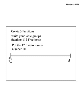 January 07, 2008




Create 3 Fractions
Write your table groups
fractions (12 Fractions)
Put the 12 fractions on a
numberline