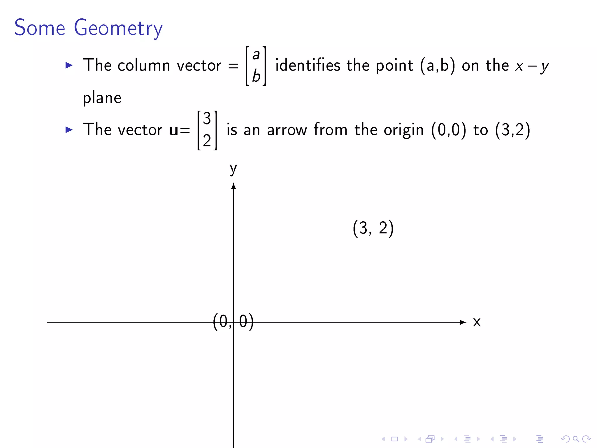 Some Geometry
                           a
     The column vector =
                           b identies the point (a,b) on the x − y
     plane
                     3
     The vector u=     is an arrow from the origin (0,0) to (3,2)
                     2
                        y

                                         (3, 2)



                      (0, 0)                             x
 