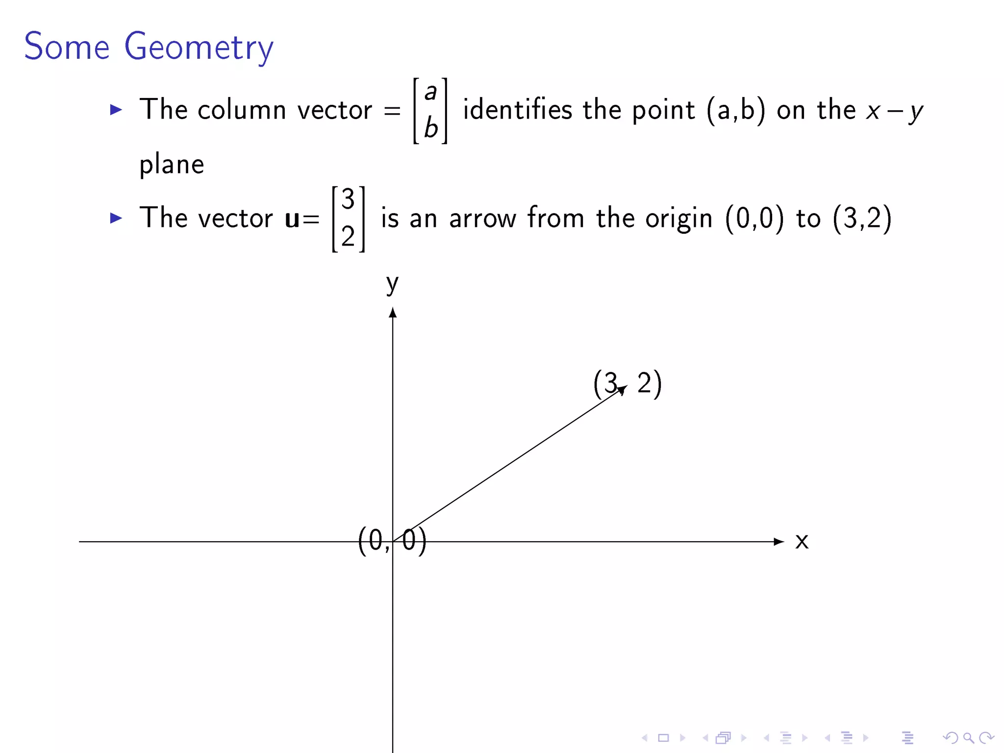 Some Geometry
                           a
     The column vector =
                           b identies the point (a,b) on the x − y
     plane
                     3
     The vector u=     is an arrow from the origin (0,0) to (3,2)
                     2
                        y

                                         (3, 2)



                      (0, 0)                             x
 