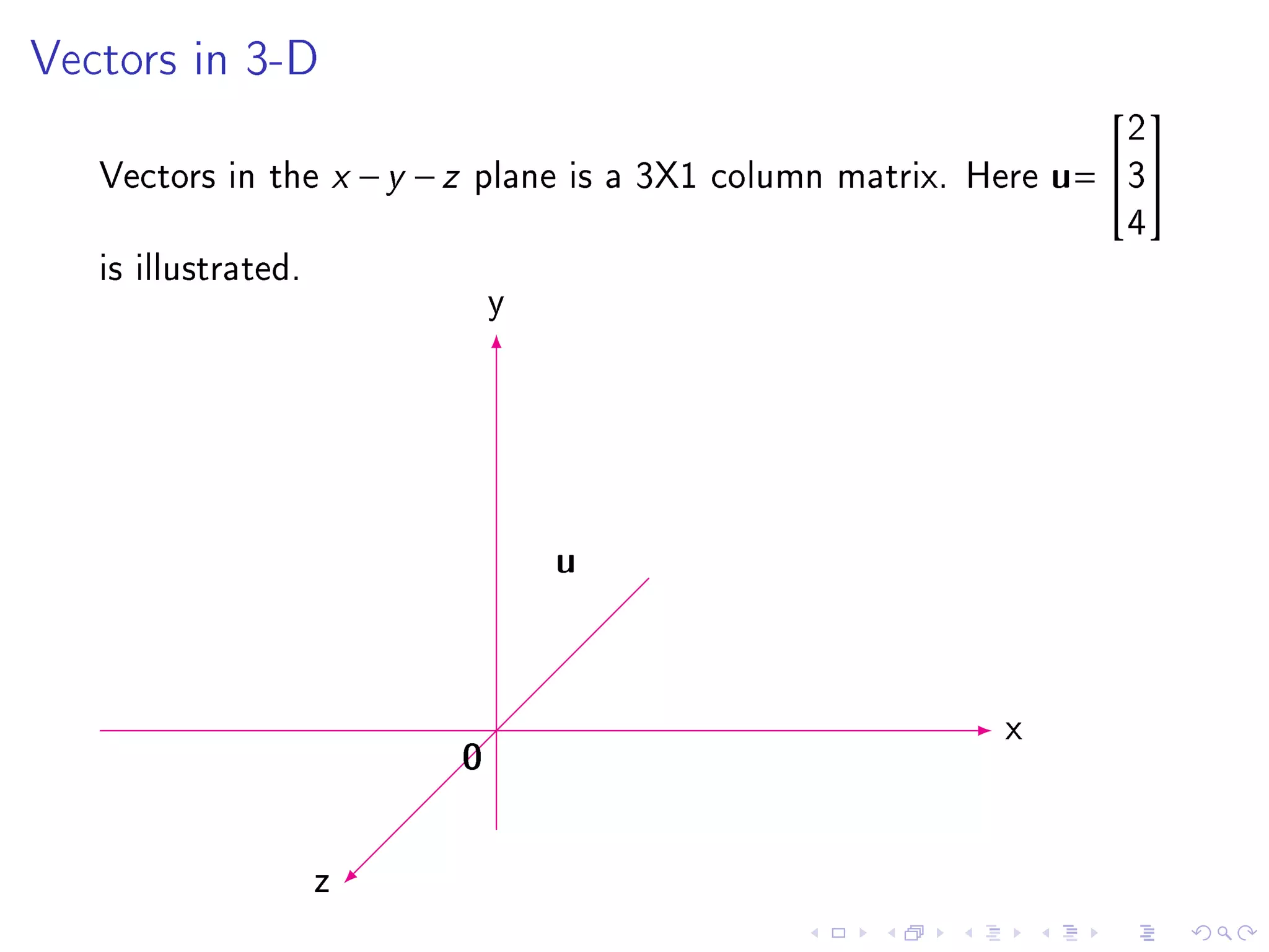 Vectors in 3-D

                                                                    2
                                                                    

   Vectors in the x − y − z plane is a 3X1 column matrix. Here u
                                                               = 3
                                                                    4
   is illustrated.
                             y




                                 u

                                                           x
                         0
                     z
 