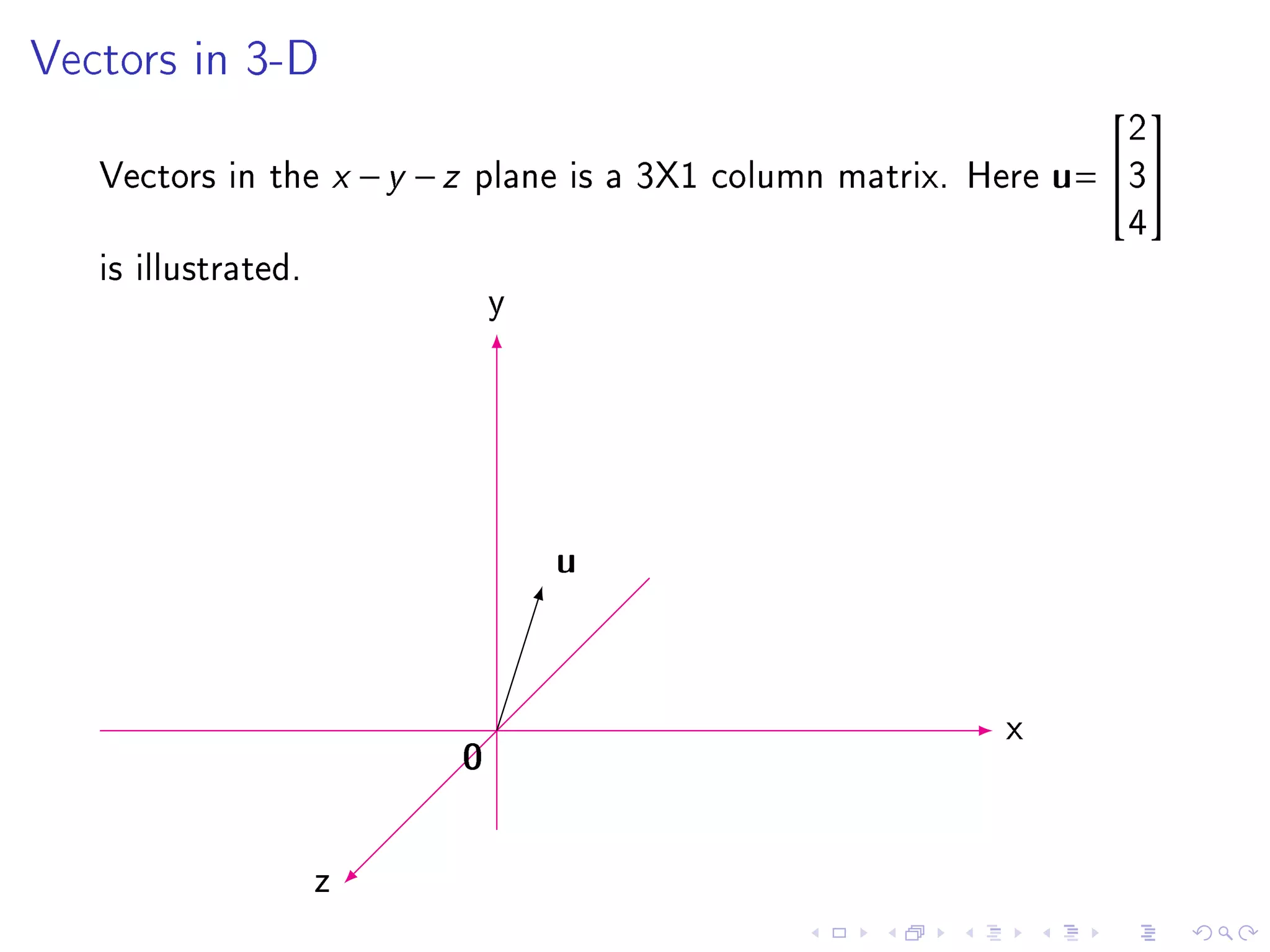 Vectors in 3-D

                                                                    2
                                                                    

   Vectors in the x − y − z plane is a 3X1 column matrix. Here u
                                                               = 3
                                                                    4
   is illustrated.
                             y




                                 u

                                                           x
                         0
                     z
 