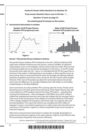 12
*P41642A01236*
Section B: Answer either Question 9 or Question 10.
If you answer Question 9 put a cross in this box .
Question 10 starts on page 24.
You should spend 55 minutes on this section.
9 Government intervention in markets
Number of UK Private Finance Value of UK Private Finance
Initiative (PFI) projects per year Initiative (PFI) projects per year
1992 1995 2000 2005 2010
7
6
5
4
3
2
1
0
Capital value (£billions)
1992 1995 2000 2005 2010
70
60
50
40
30
20
10
0
Number of projects
Figure 1 Figure 2
Extract 1 The private finance initiative is divisive
The private finance initiative (PFI) introduced in the UK in 1992 has delivered 700
major items of British infrastructure and services, raising £70 billion of capital for
major projects such as new hospitals, schools, prisons and new roads. These services
are being provided now, to be paid for by taxpayers in the future. In the PFI model,
the private sector takes the risk – that is, it is intended that the PFI firm pays fines or
the losses if the project is delivered late or over budget, or fails to perform once up
and running. There is some proof that PFI works: for example, the Olympic Delivery
Authority completed construction of the venues for the 2012 Games under budget.
However, if the costs of the project go above the contracted amount, the private
sector pays the difference. For example, McAlpine lost £100 million on the Dudley
hospital project in the West Midlands.
Some economists are asking whether PFI is proving value for money. Private sector
borrowing costs more than government borrowing. These higher interest rates add
to the capital cost of PFI projects. Payment for these PFI projects – including their
running and maintenance – will cost taxpayers £240 billion up to 2050. London’s
Jubilee line underground extension went way over budget and the tax payer had to
meet much of the cost because of the collapse of contractor Metronet. FireControl,
a PFI to replace England’s 46 emergency call centres with nine regional sites, had
technical problems. This meant the scheme was cancelled and £342 million of
taxpayers’money is committed to paying rent on eight empty sites that will never be
used. Once a PFI contract is signed, it is almost impossible to get out of it except at
enormous expense.
Other forms of government intervention in markets, for example deregulation in
postal services and price capping in the water industry, might be more effective than
PFI at promoting competition and economic efficiency.
(Sources: adapted from © The Financial Times Ltd, Nicholas Timmins, 7 August 2011 and
© Guardian News and Media Ltd, Jamie Doward, 12 June 2011)
5
10
15
20
25
 