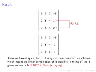 Result

                                             
                             1 0 2 −5        
                                             
                                             
                             0 5 4 1
                                             
                                              
                                                        R3-R2
                                             
                                             
                                             
                                0 5 4 2
                                             
                             1 0 2 −5        
                                             
                                             
                             0 5 4 1
                                             
                                              
                                             
                                             
                                             
                                0 0 0     1

   There we have it again, 0=1!!! The system is inconsistent, no solution
   which means no linear combination of b possible in terms of the 3
   given vectors or b IS NOT in Span {v1 , v2 , v3 }
 