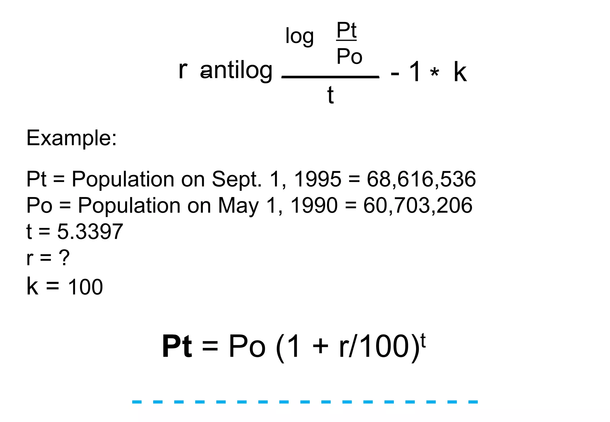 - - - - - - - - - - - - - - - - -
Example:
Pt = Population on Sept. 1, 1995 = 68,616,536
Po = Population on May 1, 1990 = 60,703,206
t = 5.3397
r = ?
k = 100
Pt = Po (1 + r/100)t
antilogr =
Pt
Po_______
t
log
- 1 * k
 