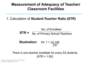 Measurement of Adequacy of Teacher/
Classroom Facilities
No. of Enrollees
No. of Primary School TeachersSTR =
Illustration: 53: 1 = 12,149
231
1. Calculation of Student-Teacher Ratio (STR)
There is one teacher available for every 53 students
(STD = 1:50)
Short Course on Environmental Planning
DCERP & HUMEIN Phils. Inc.
 