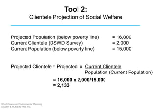 Tool 2:
Clientele Projection of Social Welfare
Projected Population (below poverty line) = 16,000
Current Clientele (DSWD Survey) = 2,000
Current Population (below poverty line) = 15,000
Projected Clientele = Projected x Current Clientele
Population (Current Population)
= 16,000 x 2,000/15,000
= 2,133
Short Course on Environmental Planning
DCERP & HUMEIN Phils. Inc.
 