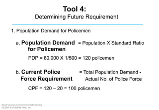 a. Population Demand = Population X Standard Ratio
for Policemen
PDP = 60,000 X 1/500 = 120 policemen
b. Current Police = Total Population Demand -
Force Requirement Actual No. of Police Force
CPF = 120 – 20 = 100 policemen
1. Population Demand for Policemen
Tool 4:
Determining Future Requirement
Short Course on Environmental Planning
DCERP & HUMEIN Phils. Inc.
 