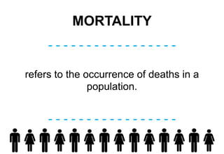 MORTALITY
- - - - - - - - - - - - - - - - -
- - - - - - - - - - - - - - - - -
refers to the occurrence of deaths in a
population.
 