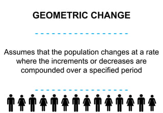 GEOMETRIC CHANGE
- - - - - - - - - - - - - - - - -
- - - - - - - - - - - - - - - - -
Assumes that the population changes at a rate
where the increments or decreases are
compounded over a specified period
 