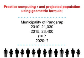 Practice computing r and projected population
using geometric formula:
- - - - - - - - - - - - - - - - -
- - - - - - - - - - - - - - - - -
Municipality of Pangarap
2010: 21,030
2015: 23,400
r = ?
2020: ?
 