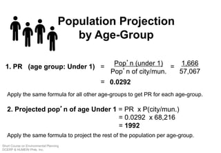 1. PR (age group: Under 1) = Pop’n (under 1)
Pop’n of city/mun.
2. Projected pop’n of age Under 1 = PR x P(city/mun.)
= 0.0292 x 68,216
= 1992
1,666
57,067
=
= 0.0292
Apply the same formula for all other age-groups to get PR for each age-group.
Apply the same formula to project the rest of the population per age-group.
Population Projection
by Age-Group
Short Course on Environmental Planning
DCERP & HUMEIN Phils. Inc.
 