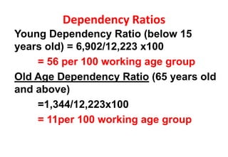 Dependency Ratios
Young Dependency Ratio (below 15
years old) = 6,902/12,223 x100
= 56 per 100 working age group
Old Age Dependency Ratio (65 years old
and above)
=1,344/12,223x100
= 11per 100 working age group
 